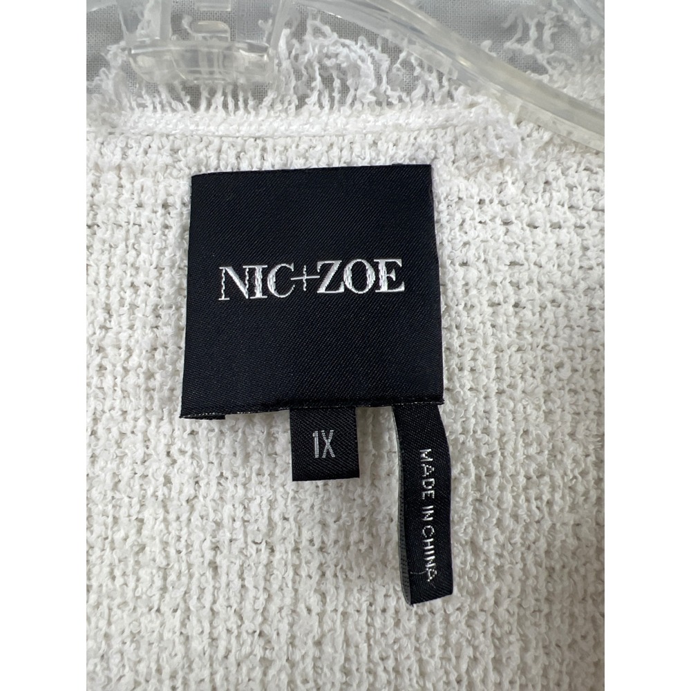 NIC+ZOE Cardigan Sweater Women 1X White Black Fringe Trim Textured Open Front - Picture 2 of 7